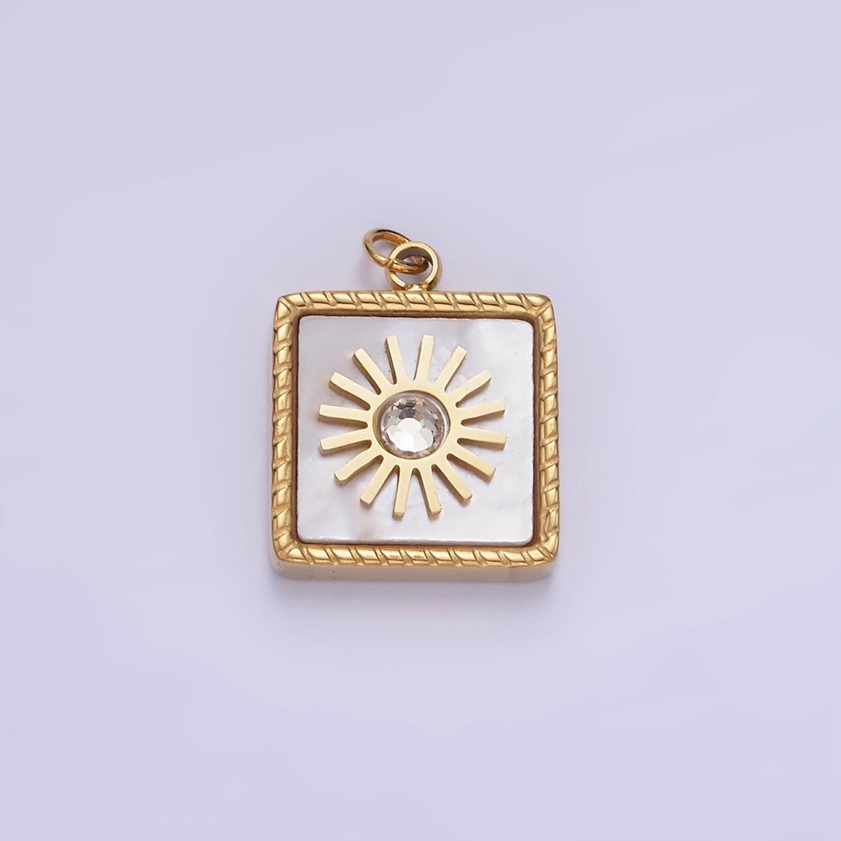 Stainless Steel Onyx, Shell Pearl CZ Celestial Sun Square Charm | P947 - DLUXCA