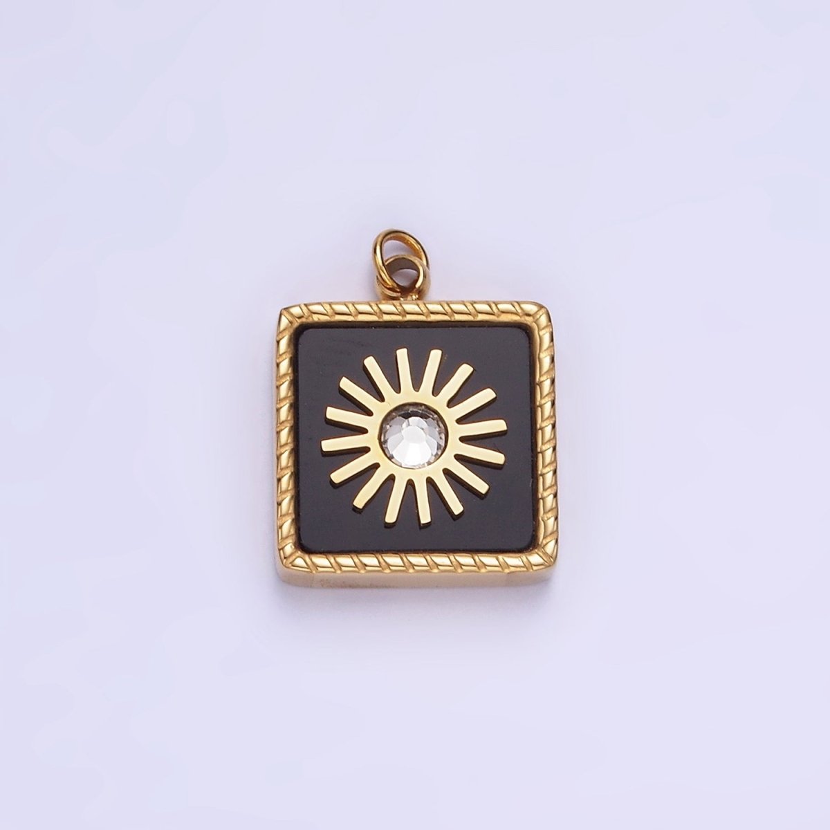 Stainless Steel Onyx, Shell Pearl CZ Celestial Sun Square Charm | P947 - DLUXCA