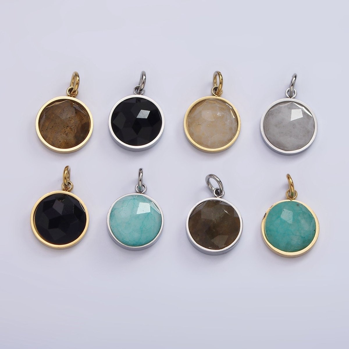 Stainless Steel Onyx, Tiger Eye, Amazonite, Clear Quartz Multifaceted Round Charm in Gold & Silver | P1333 - P1339 - DLUXCA