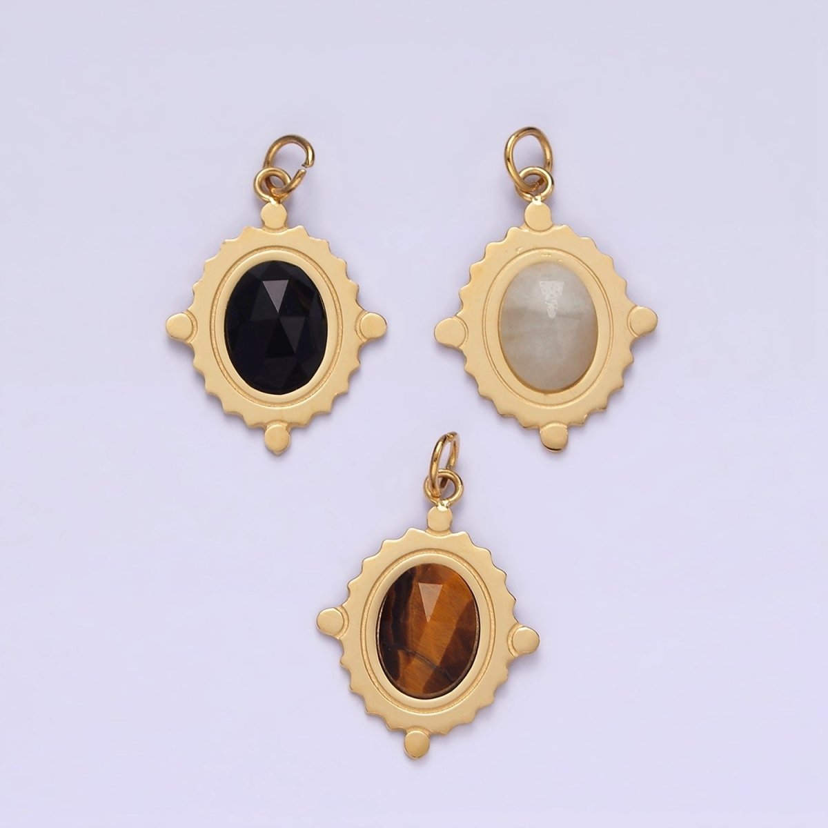 Stainless Steel Onyx, Tiger Eye, Moonstone Multifaceted Dotted Oval Charm | P619 P620 - DLUXCA