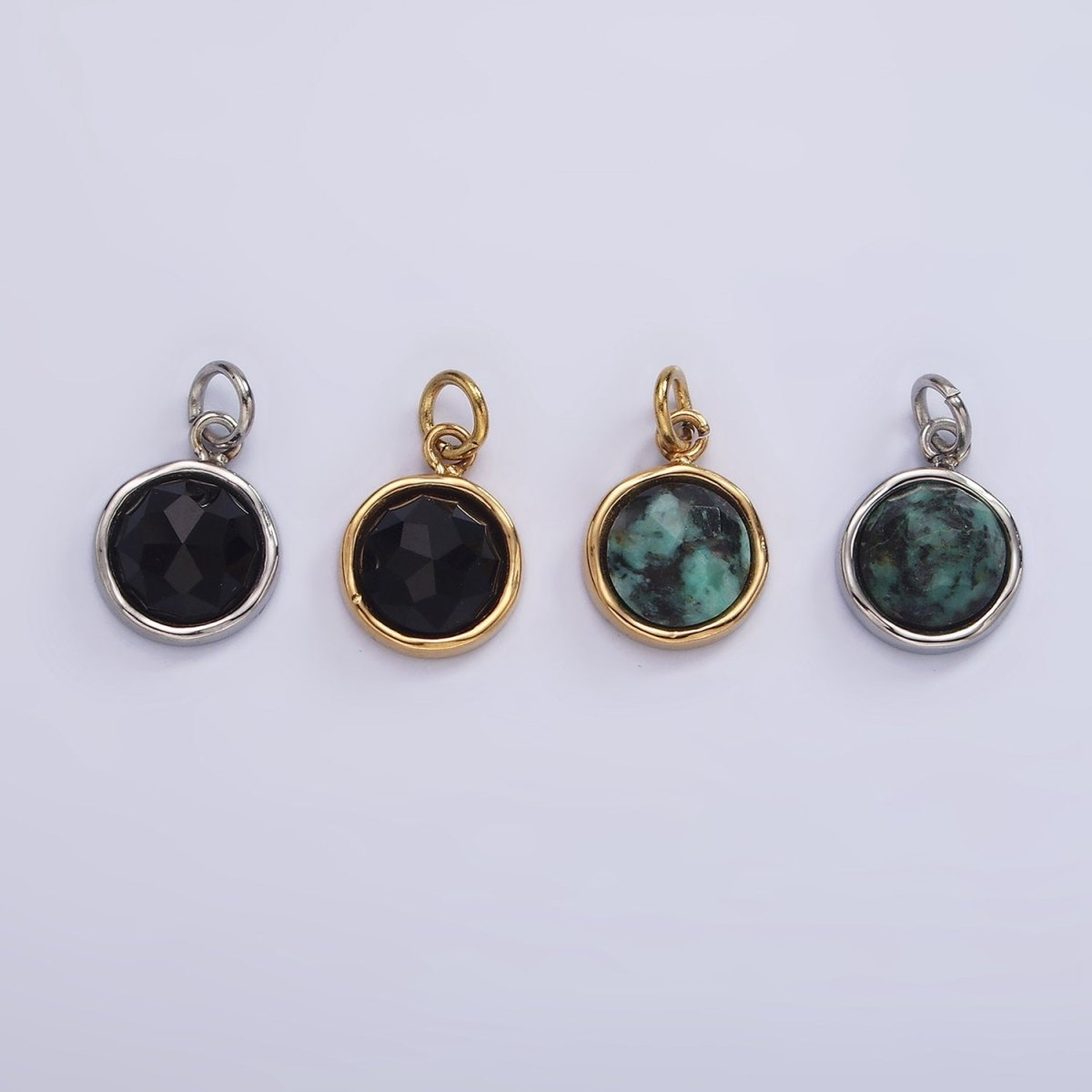 Stainless Steel Onyx, Zoisite Multifaceted Glossed Gem Bezel Round Charm in Gold & Silver | P1316, P1331 - DLUXCA