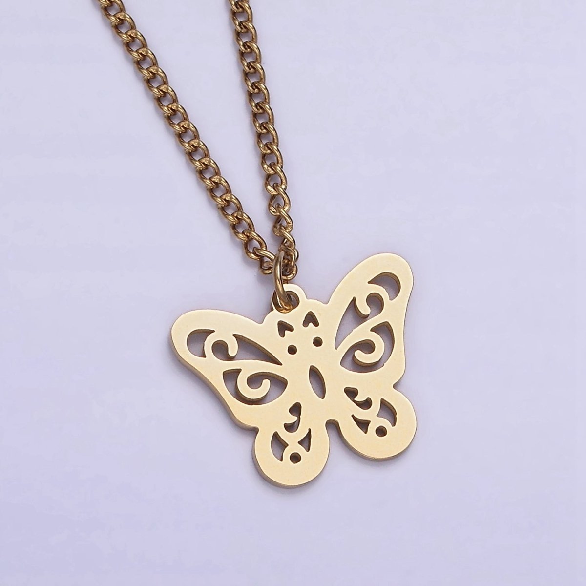 Stainless Steel Open Butterfly Charm 17 Inch Curb Chain Necklace | WA-2047 Clearance Pricing - DLUXCA