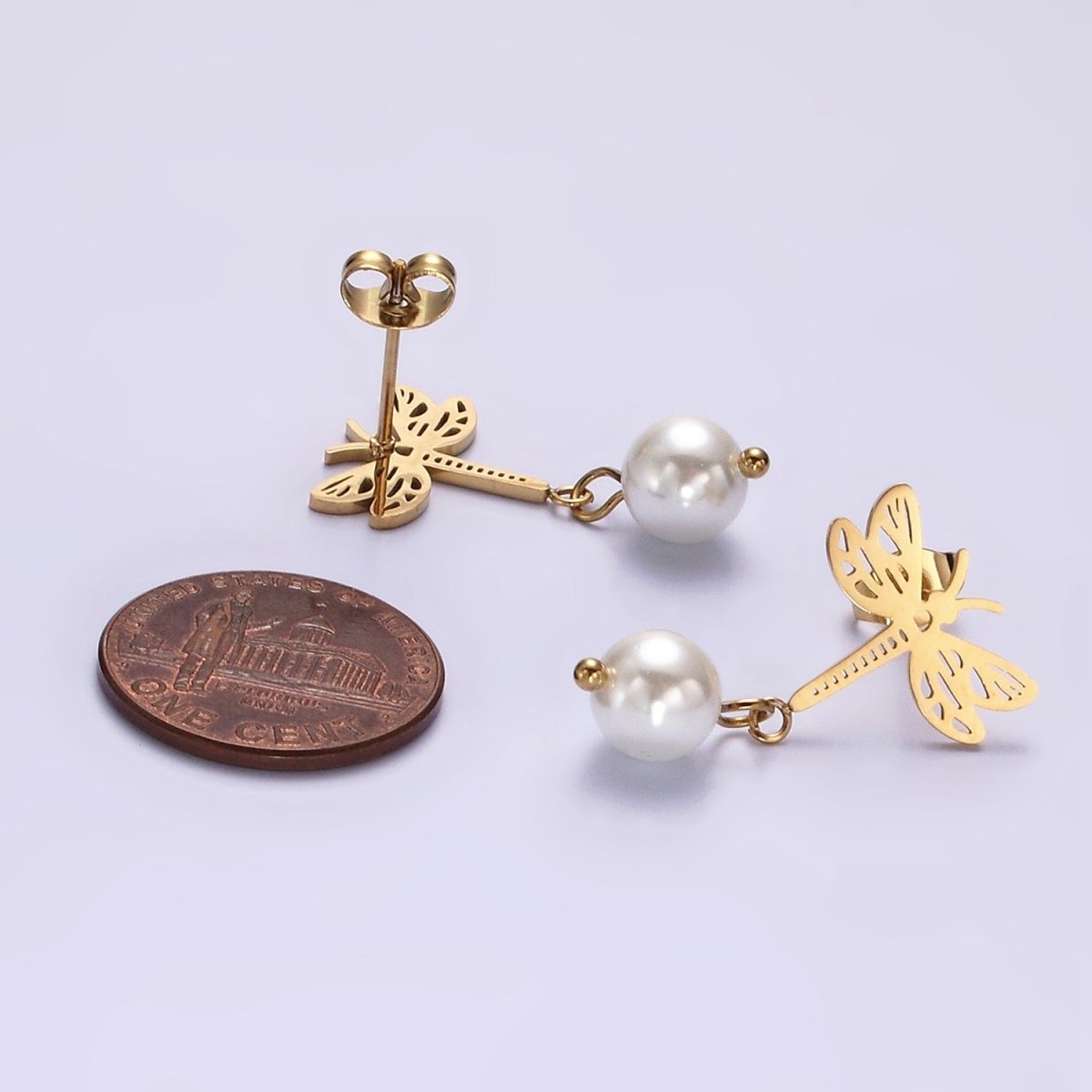 Stainless Steel Open Dragonfly Insect Animal Pearl Drop Stud Earrings | V045 - DLUXCA