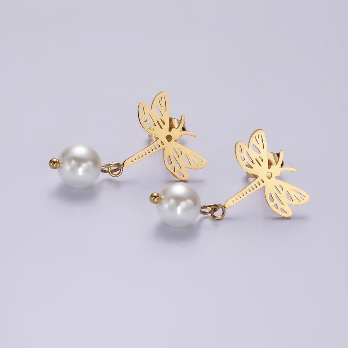 Stainless Steel Open Dragonfly Insect Animal Pearl Drop Stud Earrings | V045 - DLUXCA