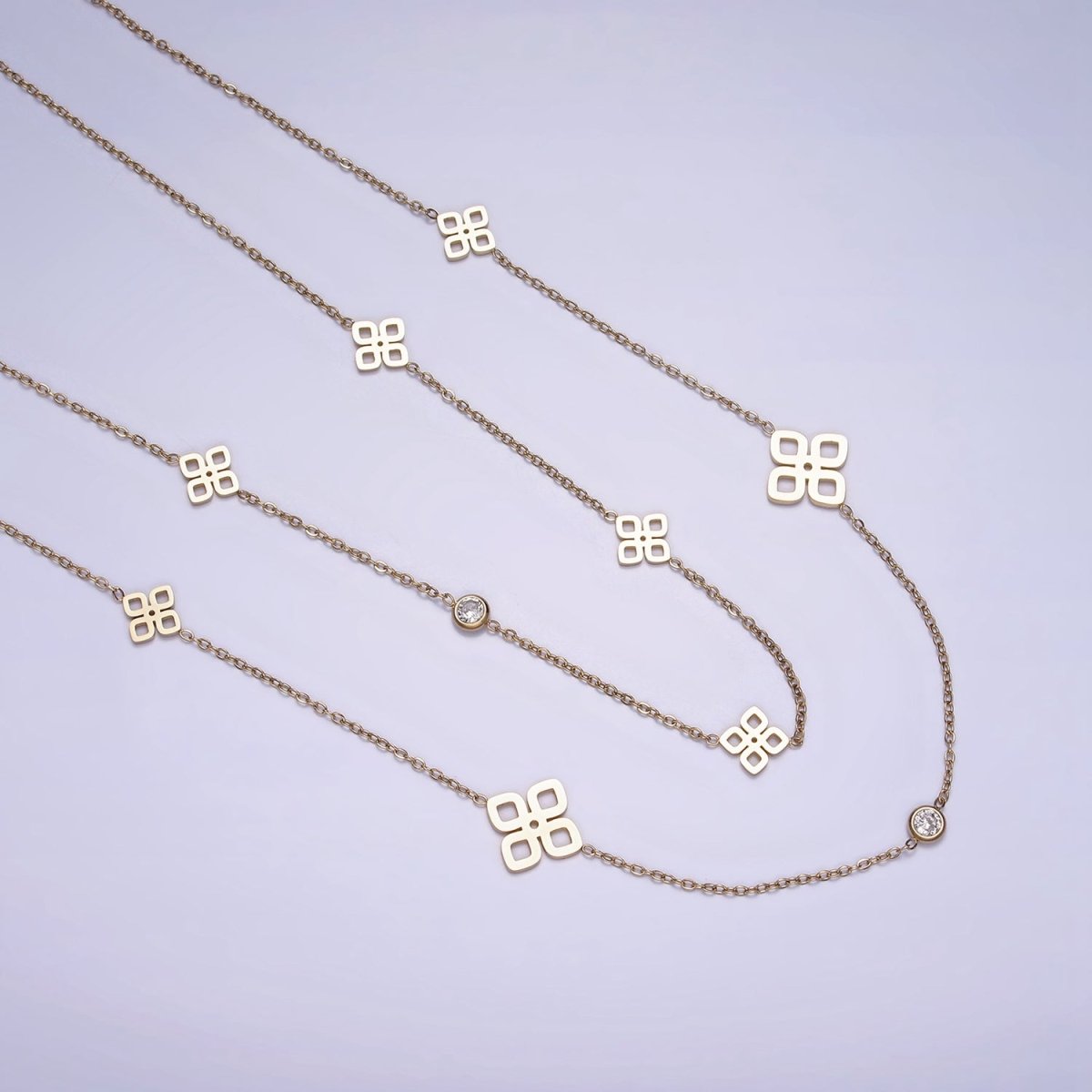 Stainless Steel Open Multiple Quatrefoil Double Clear CZ Cable Double Layer Chain Stack Necklace | WA-2069 Clearance Pricing - DLUXCA