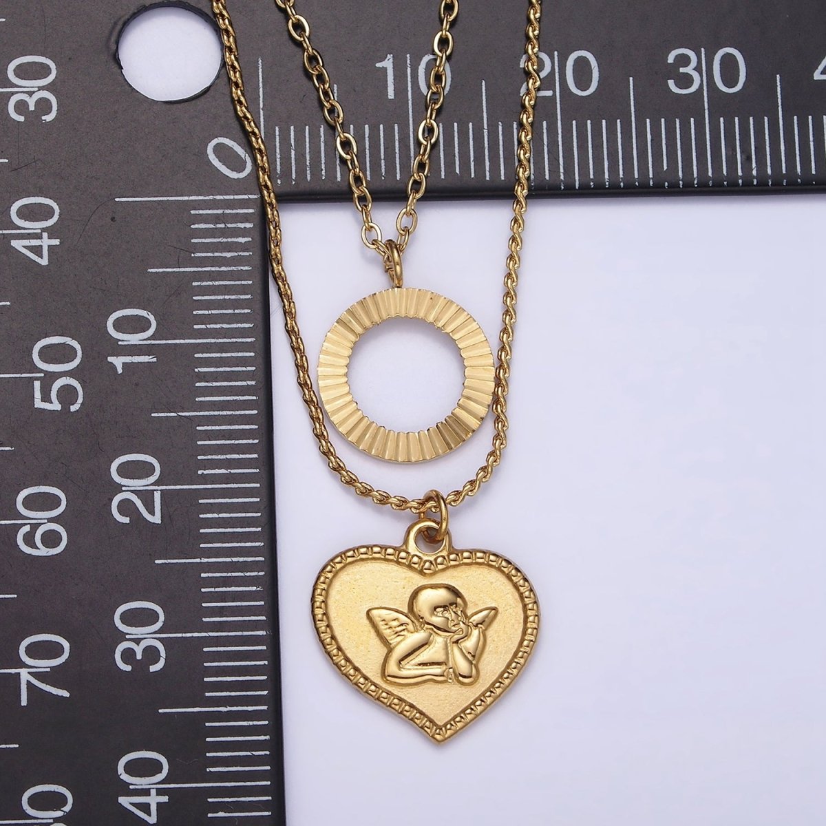 Stainless Steel Open Sunburst, Cherub Angel Heart Charm Cable Rope Double Layer Stack Necklace | WA-2082 Clearance Pricing - DLUXCA