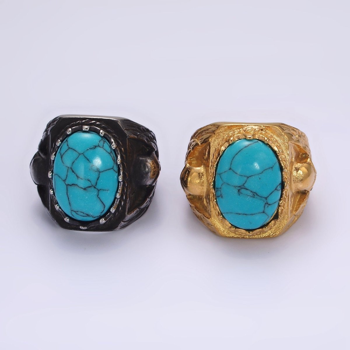 Stainless Steel Oval Turquoise Gemstone Molten Skull Signet Ring in Gold & Black | O1216 - O1221 - DLUXCA