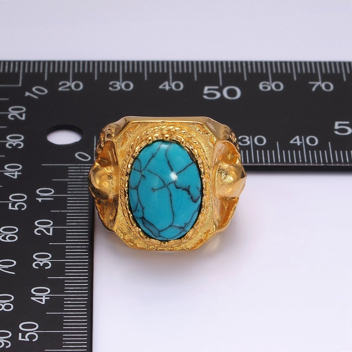 Stainless Steel Oval Turquoise Gemstone Molten Skull Signet Ring in Gold & Black | O1216 - O1221 - DLUXCA