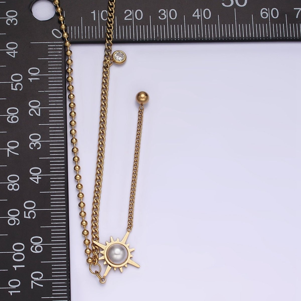Stainless Steel Pearl Celestial Sun Drop Ball 17 Inch Bead Curb CZ Half Chain Necklace | WA-2042 Clearance Pricing - DLUXCA