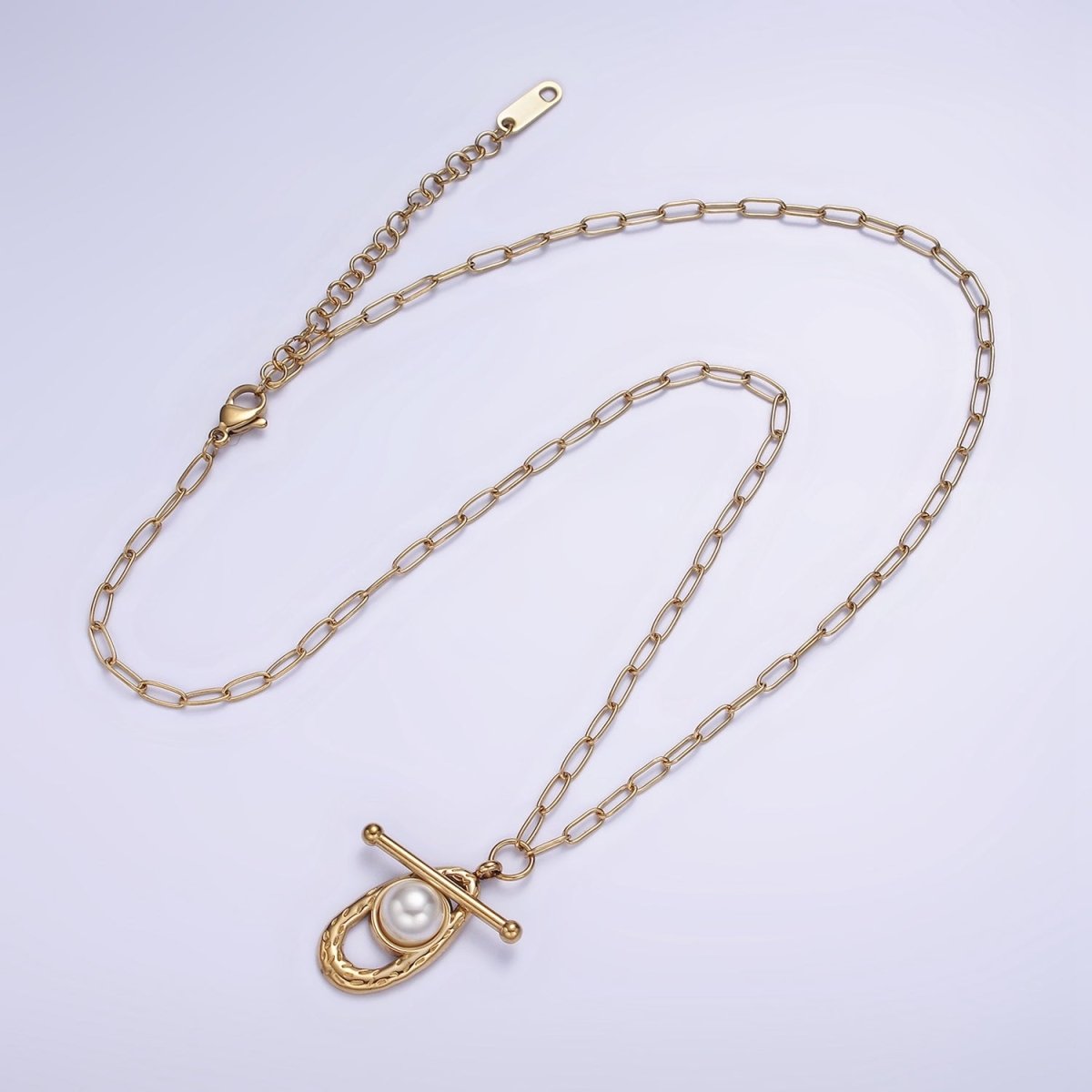 Stainless Steel Pearl Hammered Oblong Toggle Clasps Paperclip 17 Inch Chain Necklace | WA-2074 Clearance Pricing - DLUXCA