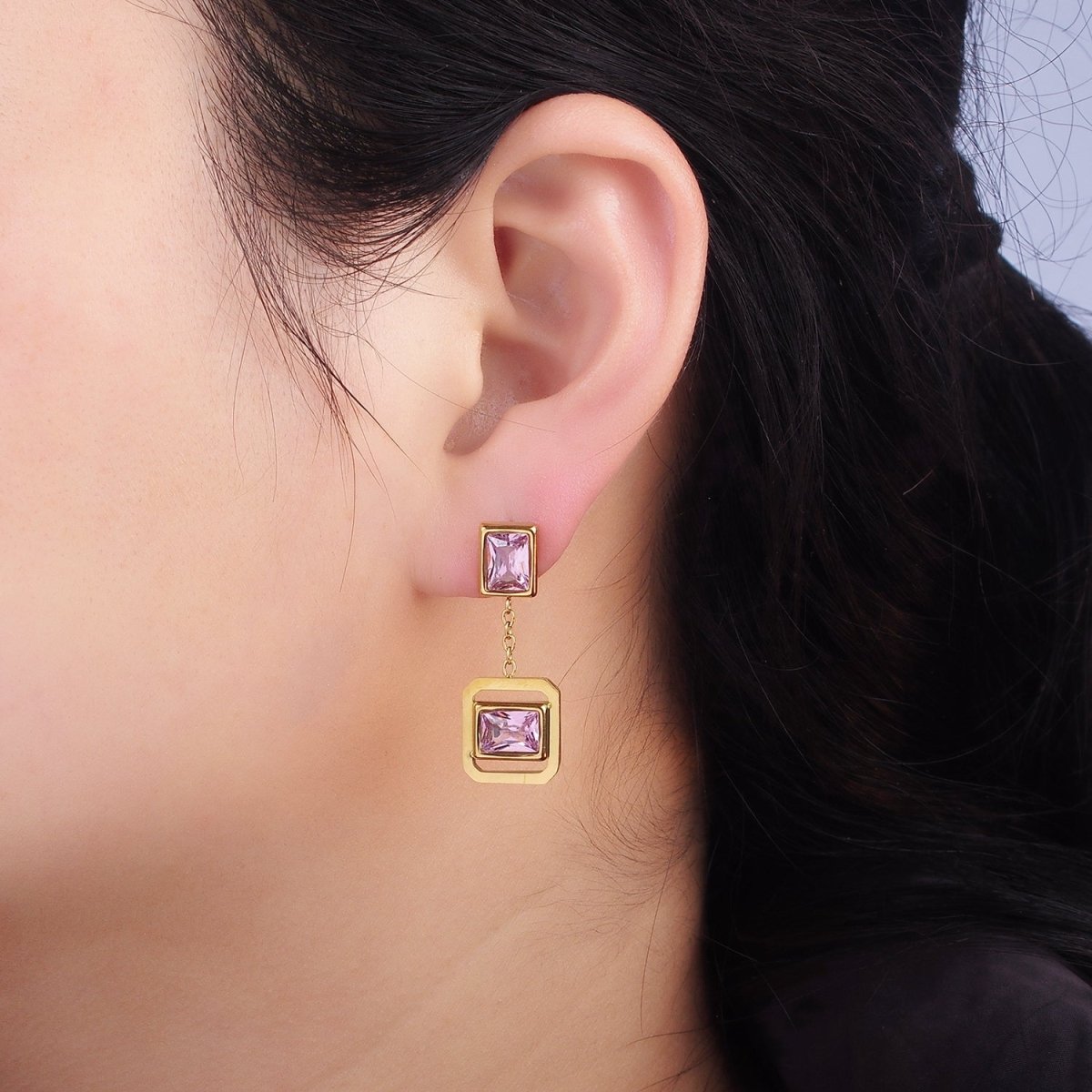 Stainless Steel Pink CZ Baguette Open Edged Square Bezel Drop Stud Earrings | AE453 - DLUXCA