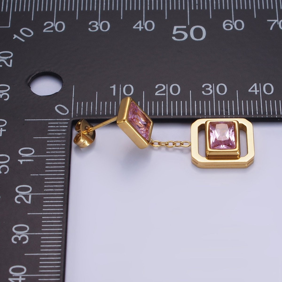 Stainless Steel Pink CZ Baguette Open Edged Square Bezel Drop Stud Earrings | AE453 - DLUXCA