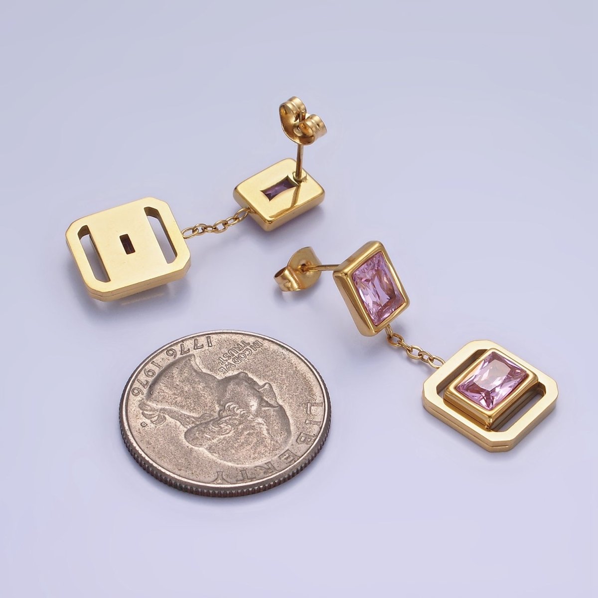 Stainless Steel Pink CZ Baguette Open Edged Square Bezel Drop Stud Earrings | AE453 - DLUXCA