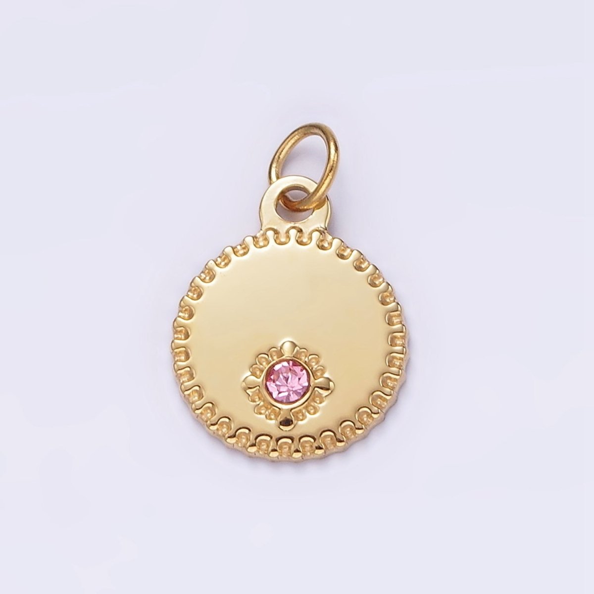 Stainless Steel Pink CZ Dotted Stamped Outline Round Charm | P-632 - DLUXCA