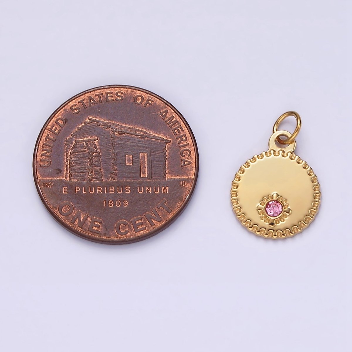 Stainless Steel Pink CZ Dotted Stamped Outline Round Charm | P-632 - DLUXCA