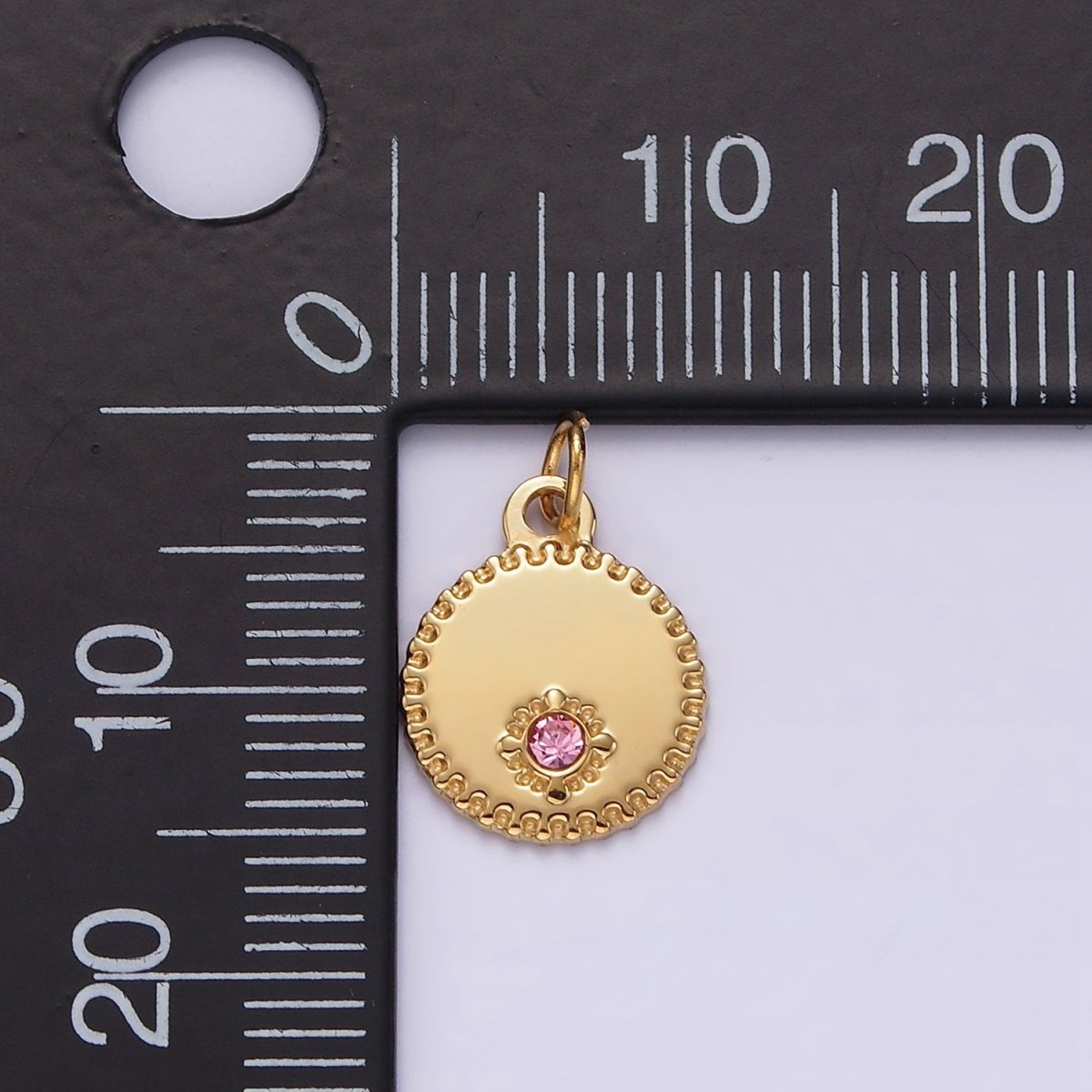 Stainless Steel Pink CZ Dotted Stamped Outline Round Charm | P-632 - DLUXCA