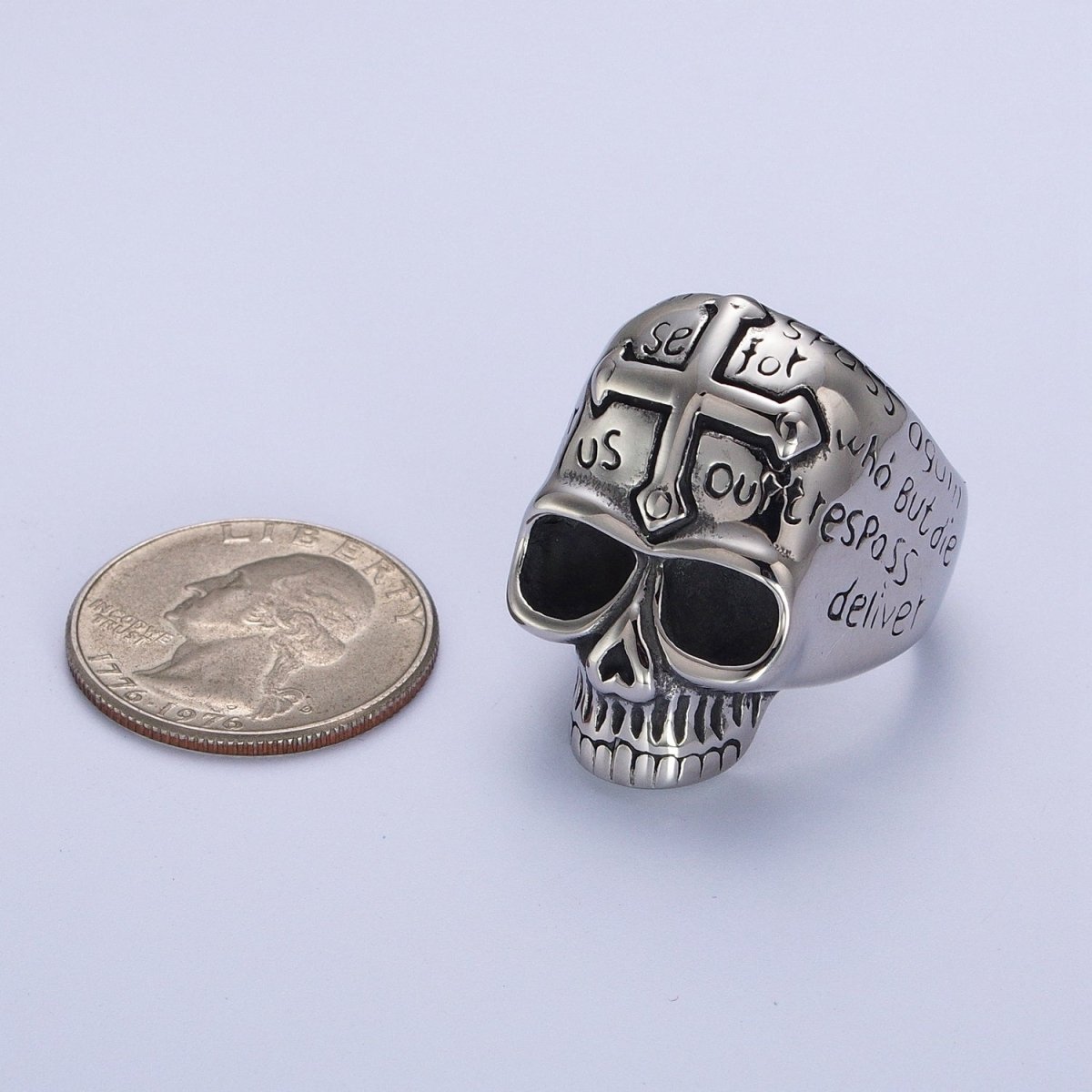 Stainless Steel Prayer Passion Cross Engraved on Skeleton Skull Silver Signet Ring | Y-535 Y-536 - DLUXCA