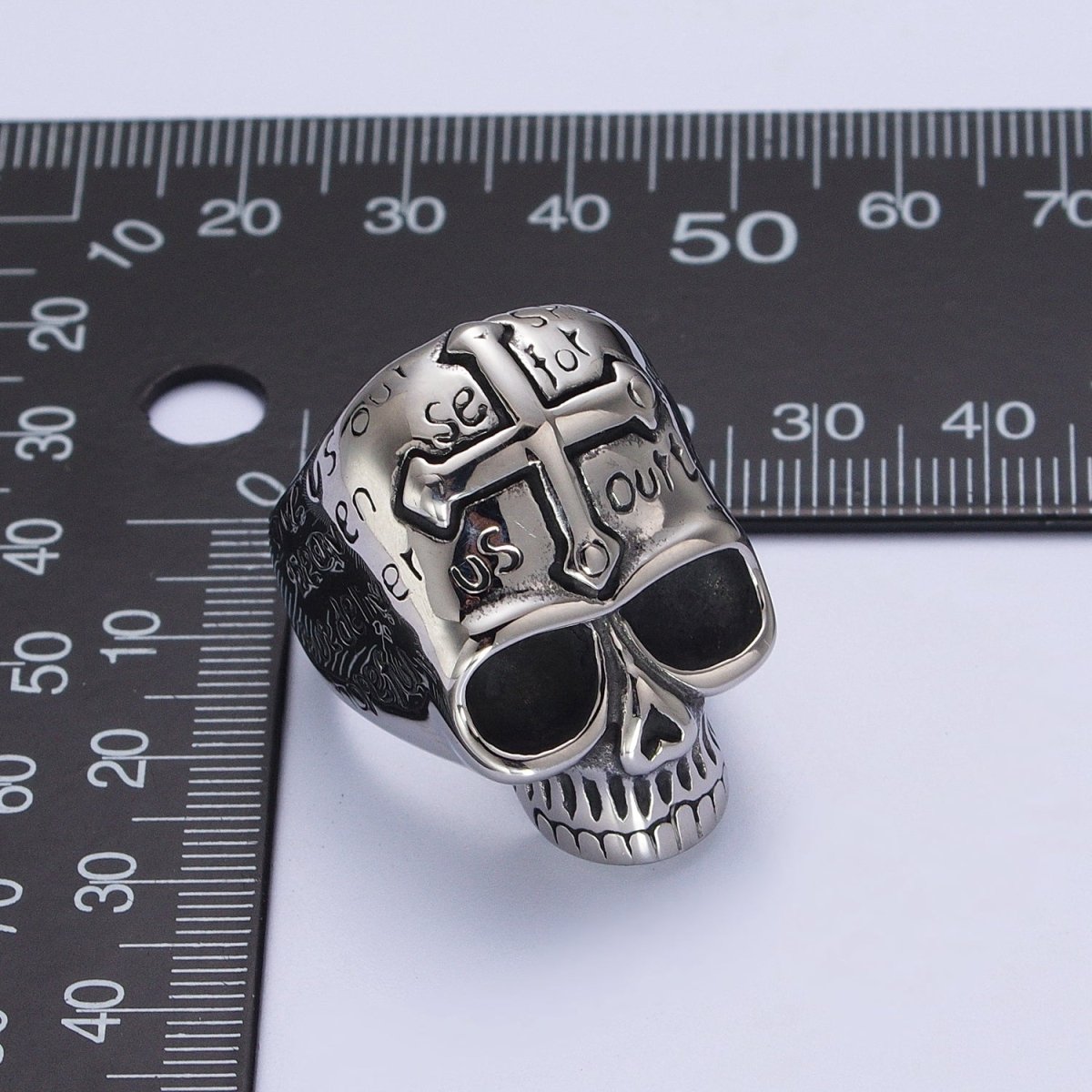 Stainless Steel Prayer Passion Cross Engraved on Skeleton Skull Silver Signet Ring | Y-535 Y-536 - DLUXCA