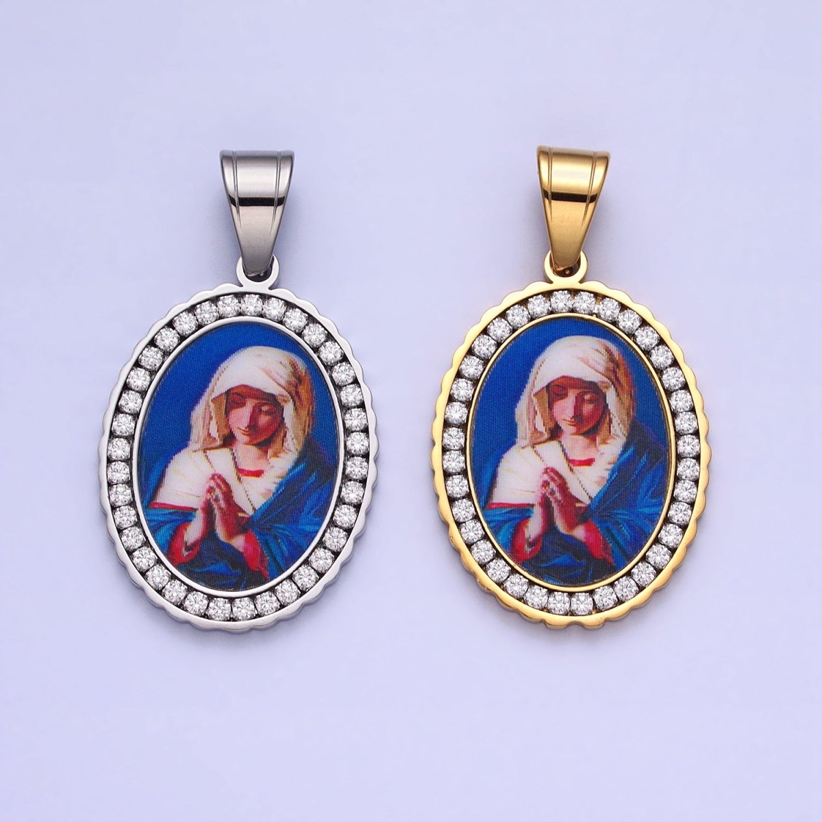 Stainless Steel Praying Lady Mary Blue Micro Paved CZ Oval Pendant in Gold & Silver Religious Jewelry J-780 J-781 - DLUXCA