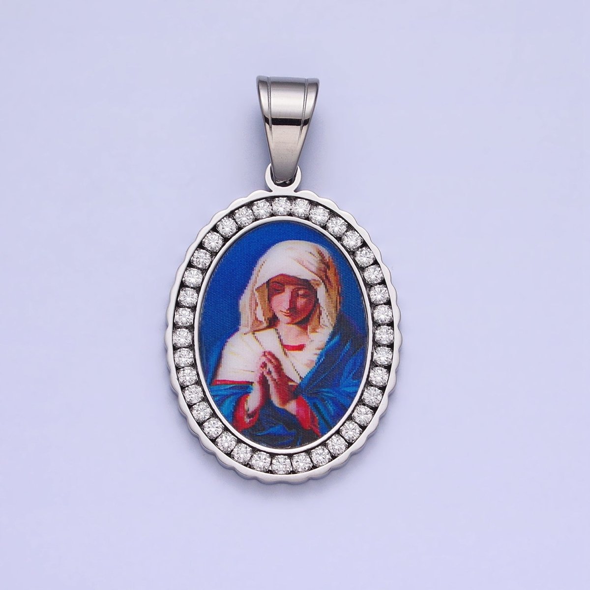 Stainless Steel Praying Lady Mary Blue Micro Paved CZ Oval Pendant in Gold & Silver Religious Jewelry J-780 J-781 - DLUXCA