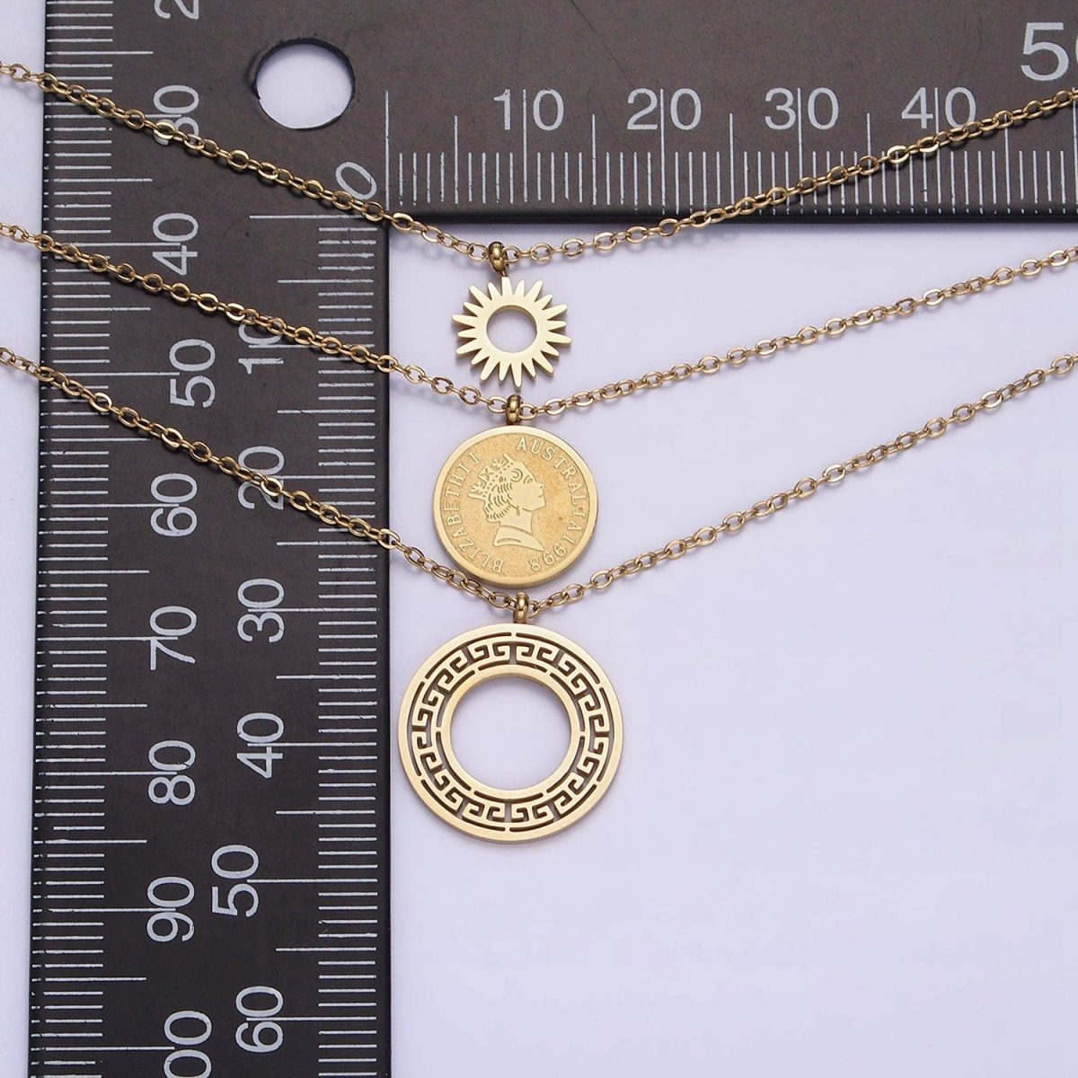 Stainless Steel Queen Elizabeth Triple Round Sun Artisan Coin Triple Layer Chain Stack Necklace | WA-2050 Clearance Pricing - DLUXCA