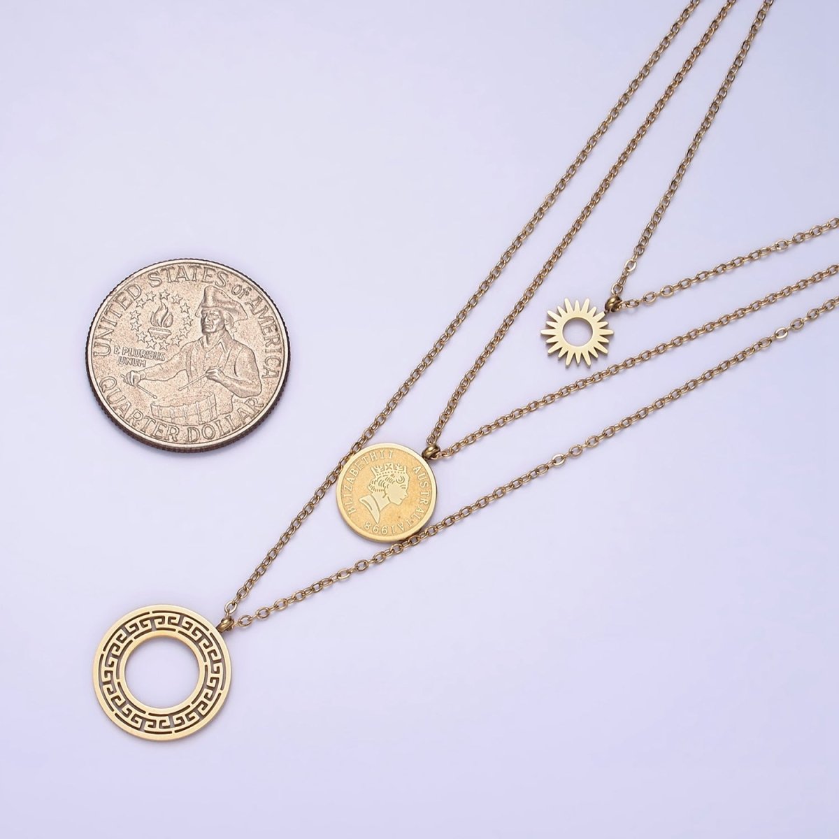 Stainless Steel Queen Elizabeth Triple Round Sun Artisan Coin Triple Layer Chain Stack Necklace | WA-2050 Clearance Pricing - DLUXCA