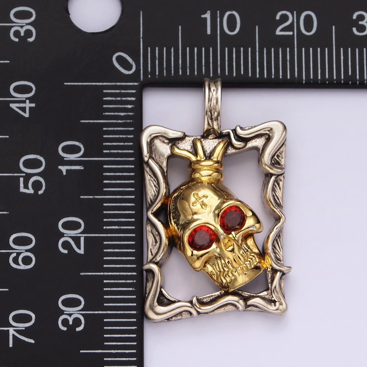 Stainless Steel Red CZ Skull Skeleton Open Abstract Rectangular Mixed Metal Pendant | P-861 - DLUXCA