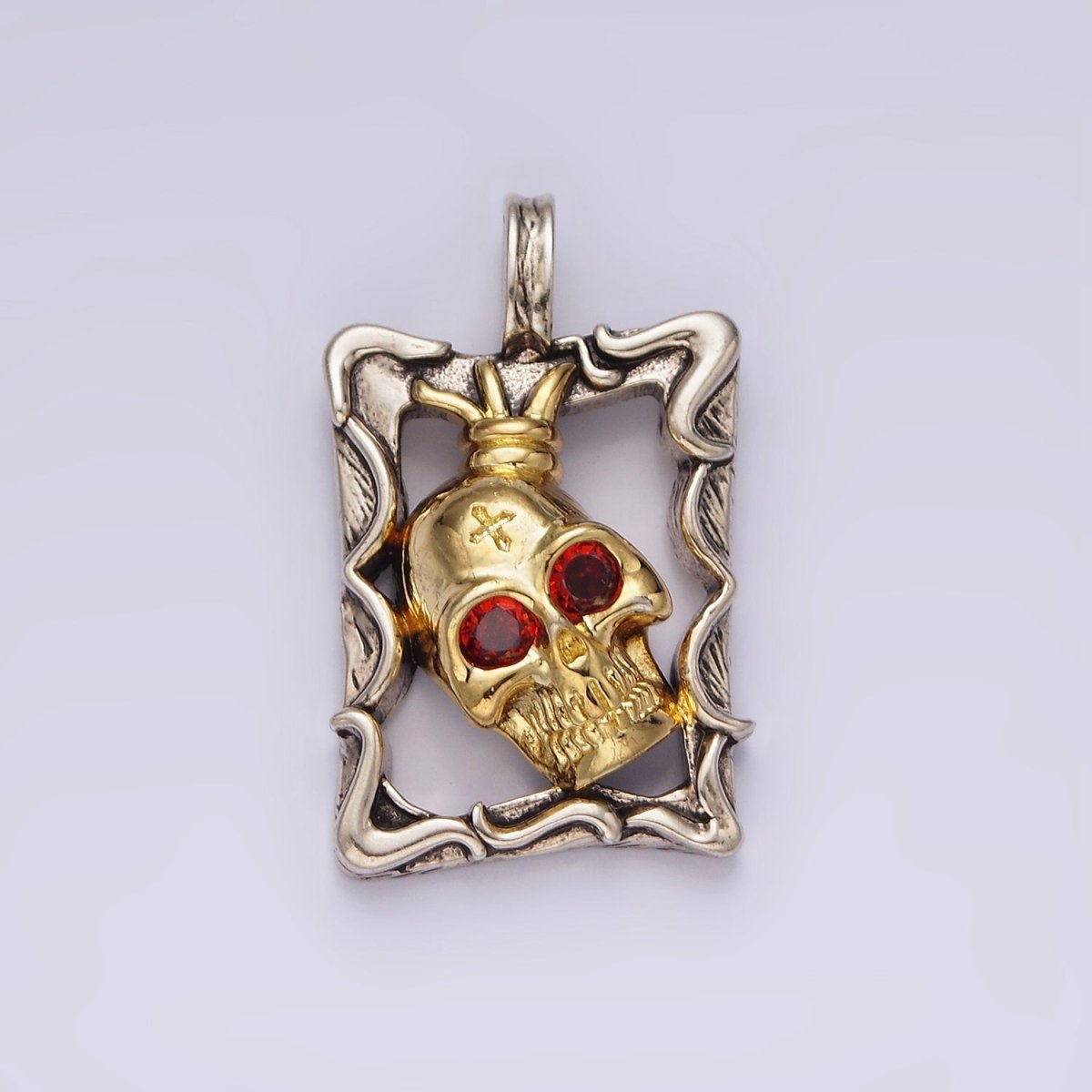 Stainless Steel Red CZ Skull Skeleton Open Abstract Rectangular Mixed Metal Pendant | P-861 - DLUXCA