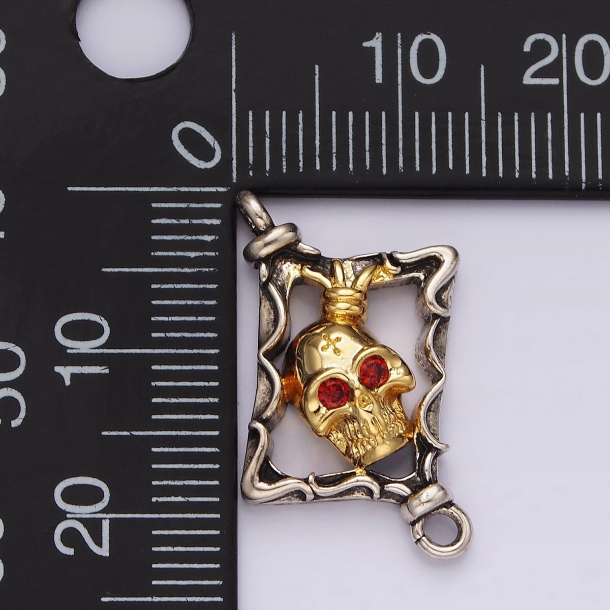Stainless Steel Red CZ Skull Skeleton Open Abstract Rhombus Mixed Metal Connector | P-673 - DLUXCA