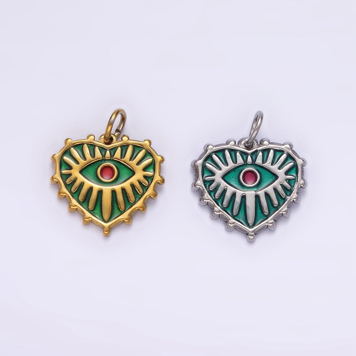 Stainless Steel Red Evil Eye Splatter Heart Dotted Outline Charm in Gold & Silver | P1277 P1278 - DLUXCA