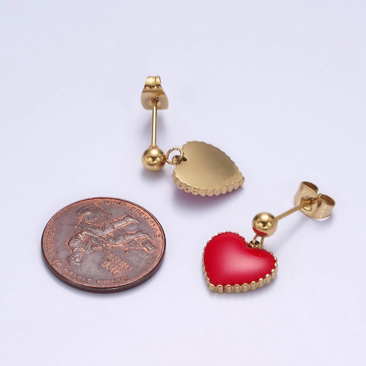Stainless Steel Red Heart Enamel Bead Drop Stud Earrings | AE744 - DLUXCA