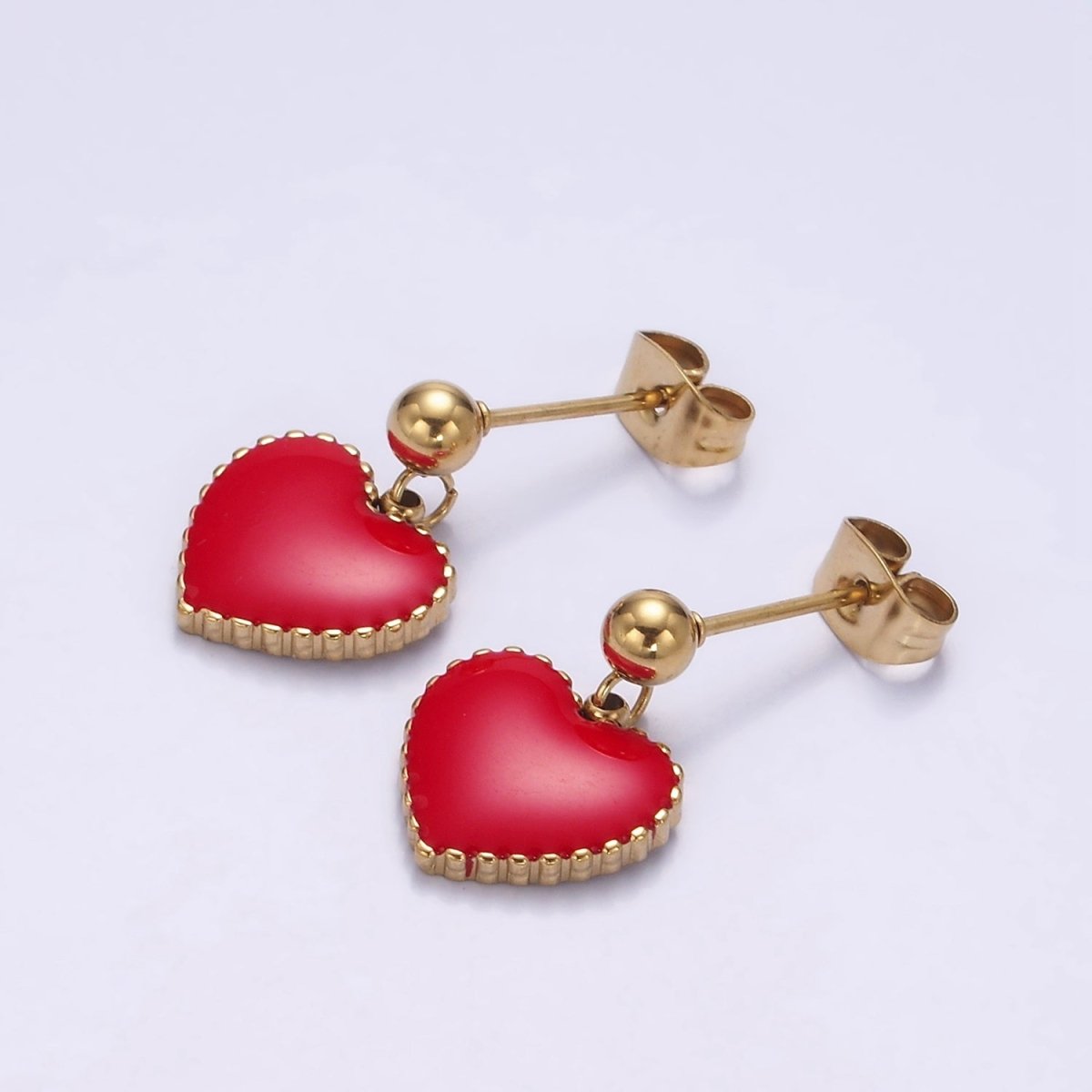 Stainless Steel Red Heart Enamel Bead Drop Stud Earrings | AE744 - DLUXCA