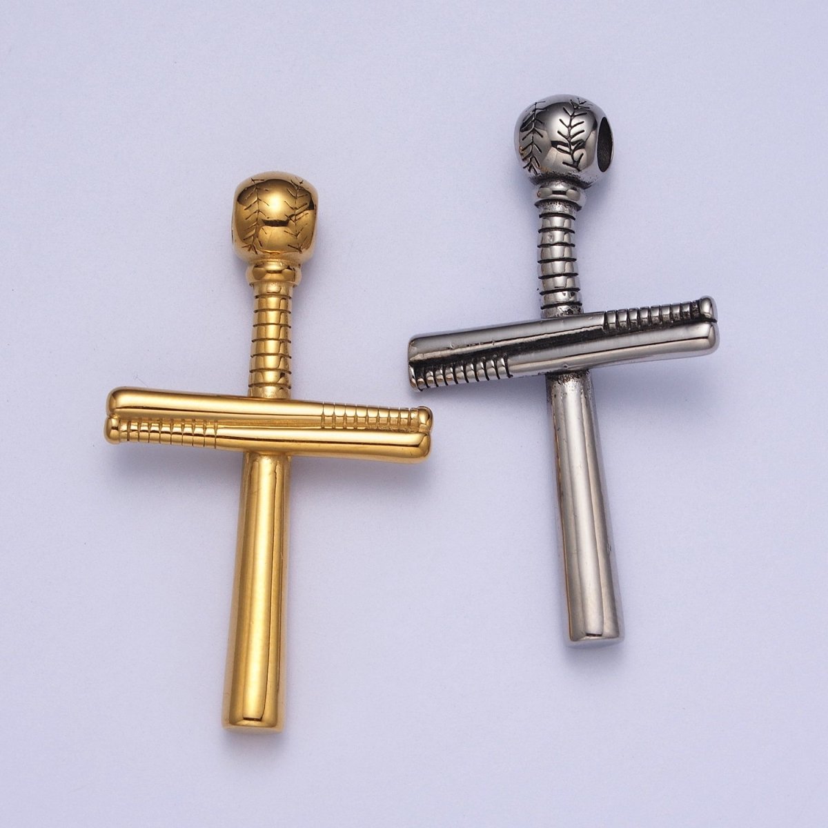 Stainless Steel Religious Cross Baseball-Themed Ball Bat Pendant in Gold & Silver J-377 J-384 - DLUXCA