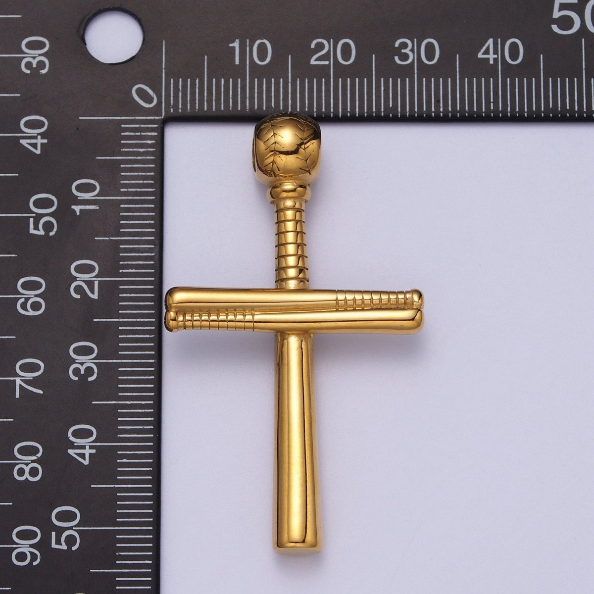 Stainless Steel Religious Cross Baseball-Themed Ball Bat Pendant in Gold & Silver J-377 J-384 - DLUXCA