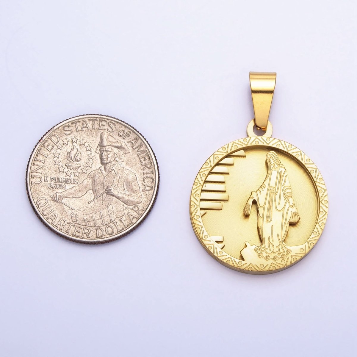 Stainless Steel Religious Mother Virgin Mary Medallion Pendant in Gold | P-1166 - DLUXCA