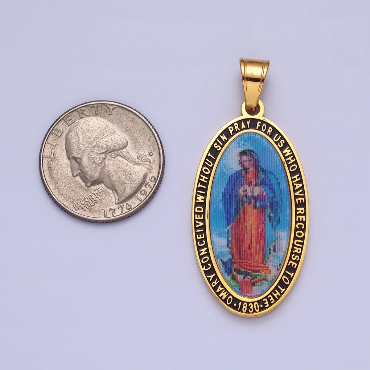 Stainless Steel Religious Mother Virgin Mary Prayer Inscription Oval Pendant in Gold & Silver J-773 J-776 - DLUXCA