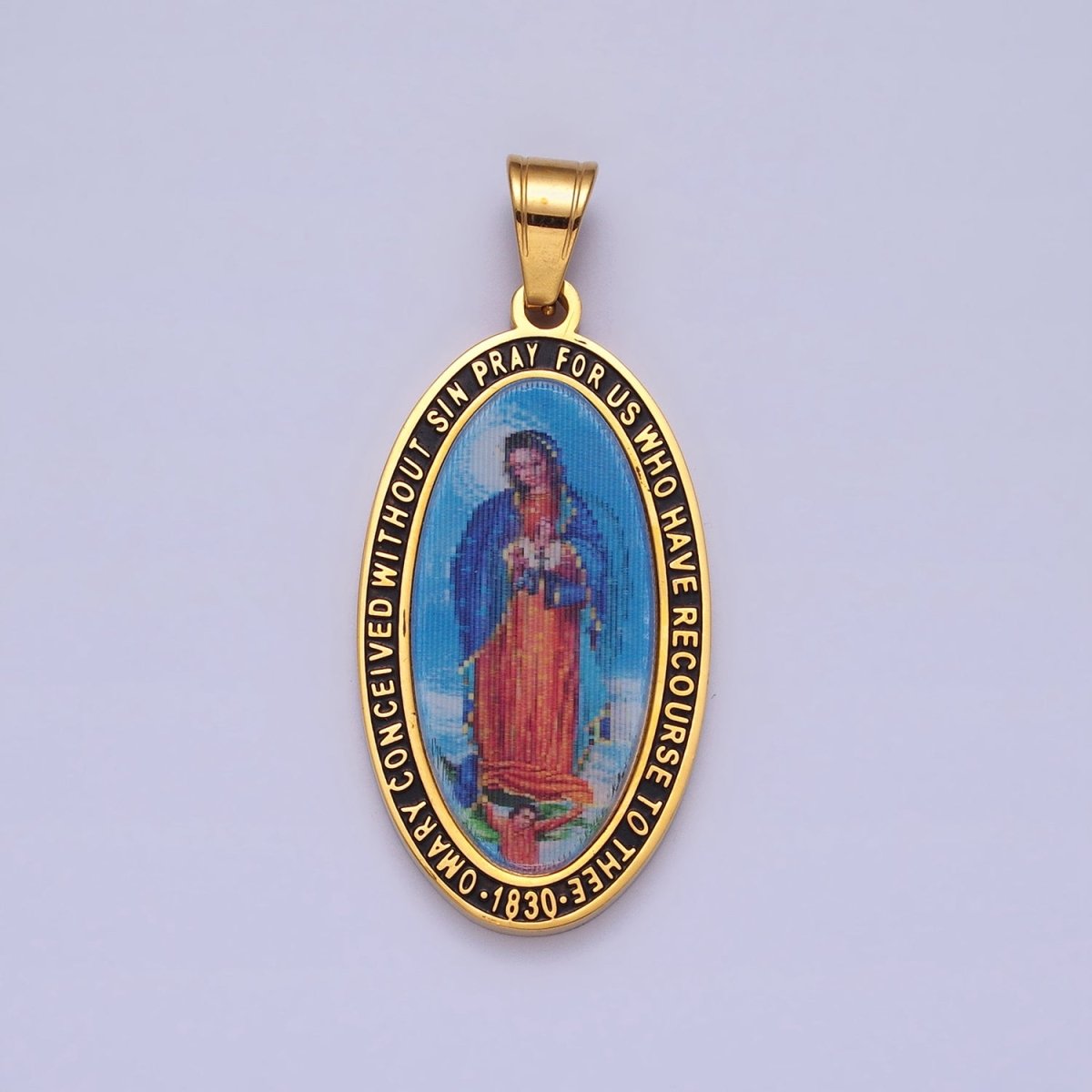 Stainless Steel Religious Mother Virgin Mary Prayer Inscription Oval Pendant in Gold & Silver J-773 J-776 - DLUXCA