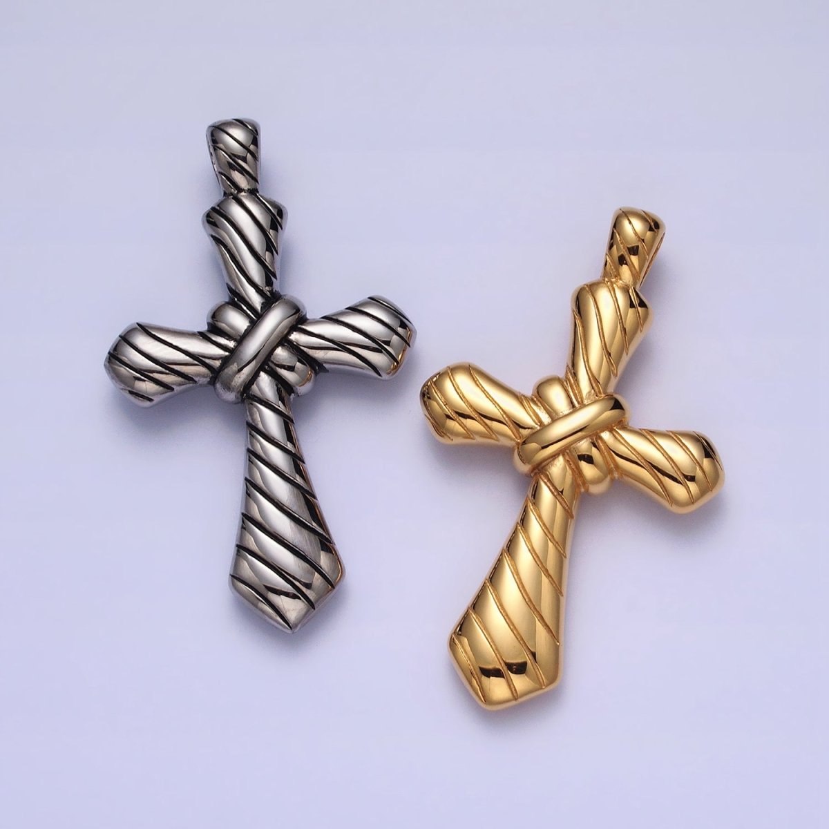 Stainless Steel Religious Passion Cross Line-Textured Tied Pendant in Gold & Silver J-730 J-739 - DLUXCA