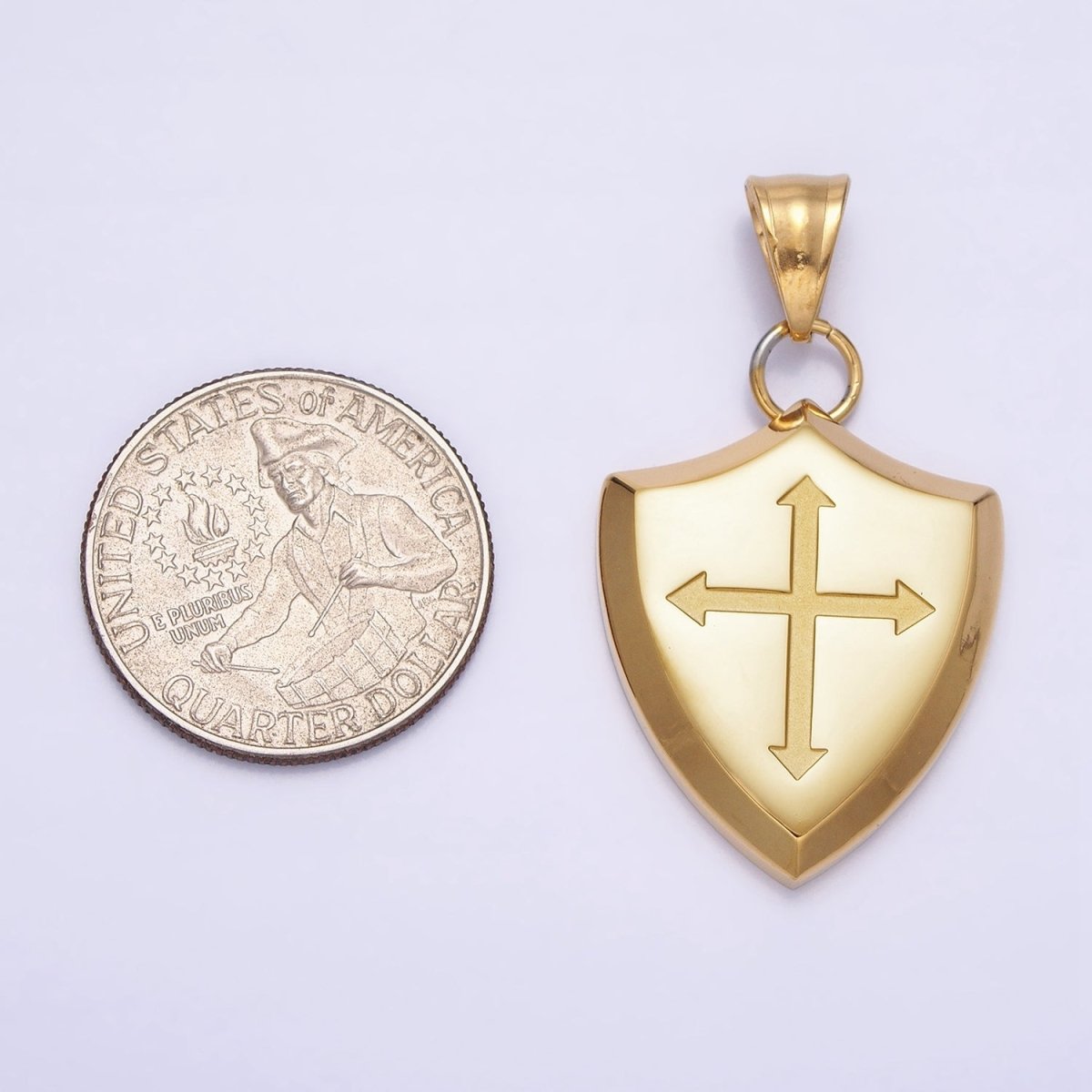 Stainless Steel Religious Passion Cross Shield Crest Pendant in Silver & Gold | P-1134 - DLUXCA