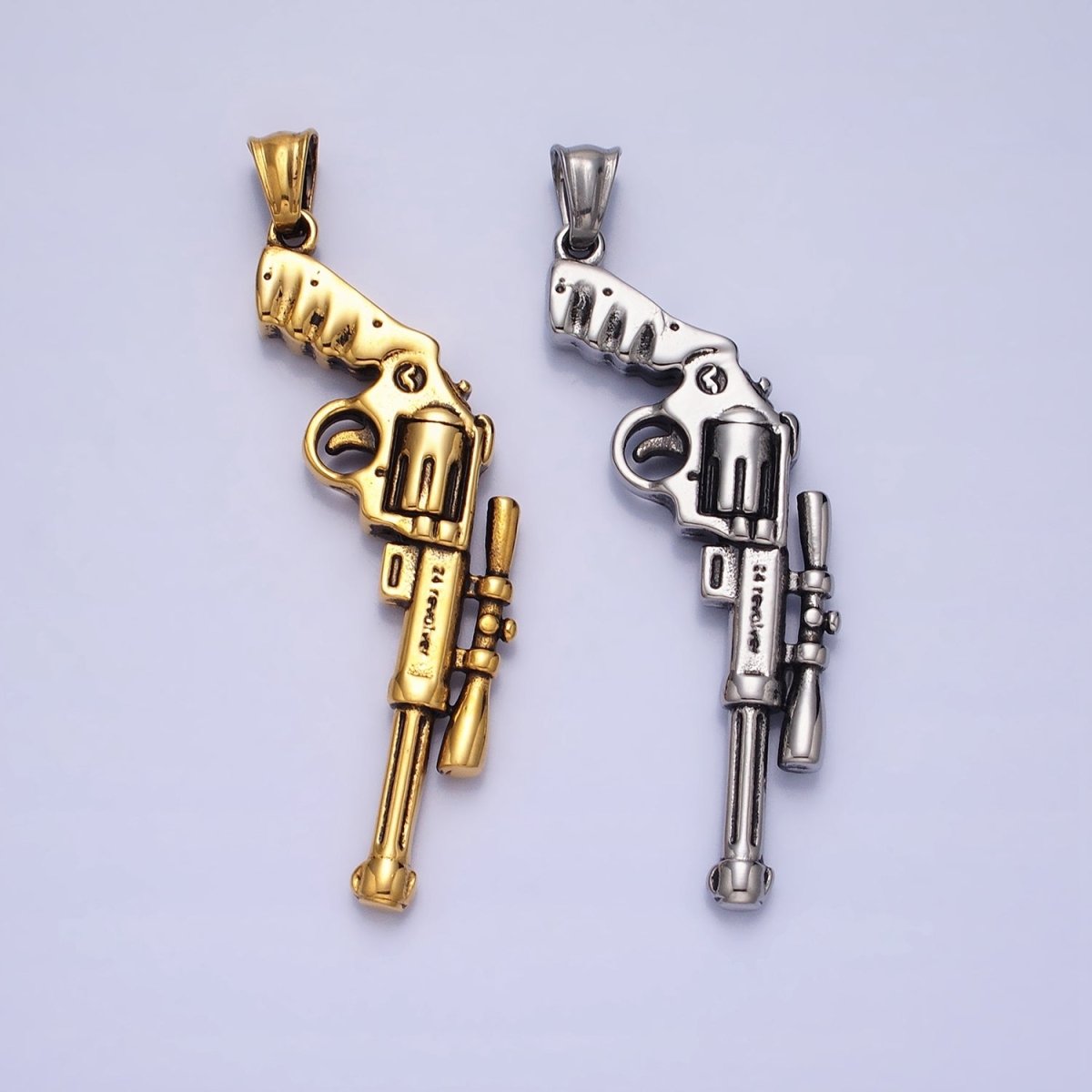 Stainless Steel Revolver Rifle Gun Weapon Pendant in Gold & Silver P-1147 - DLUXCA