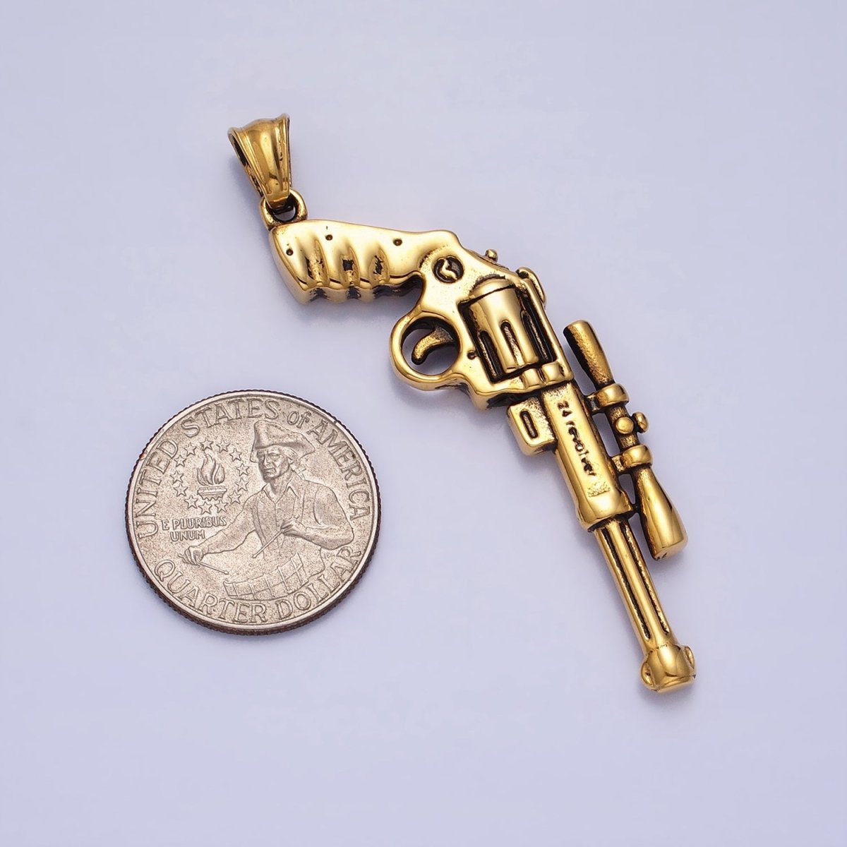 Stainless Steel Revolver Rifle Gun Weapon Pendant in Gold & Silver P-1147 - DLUXCA