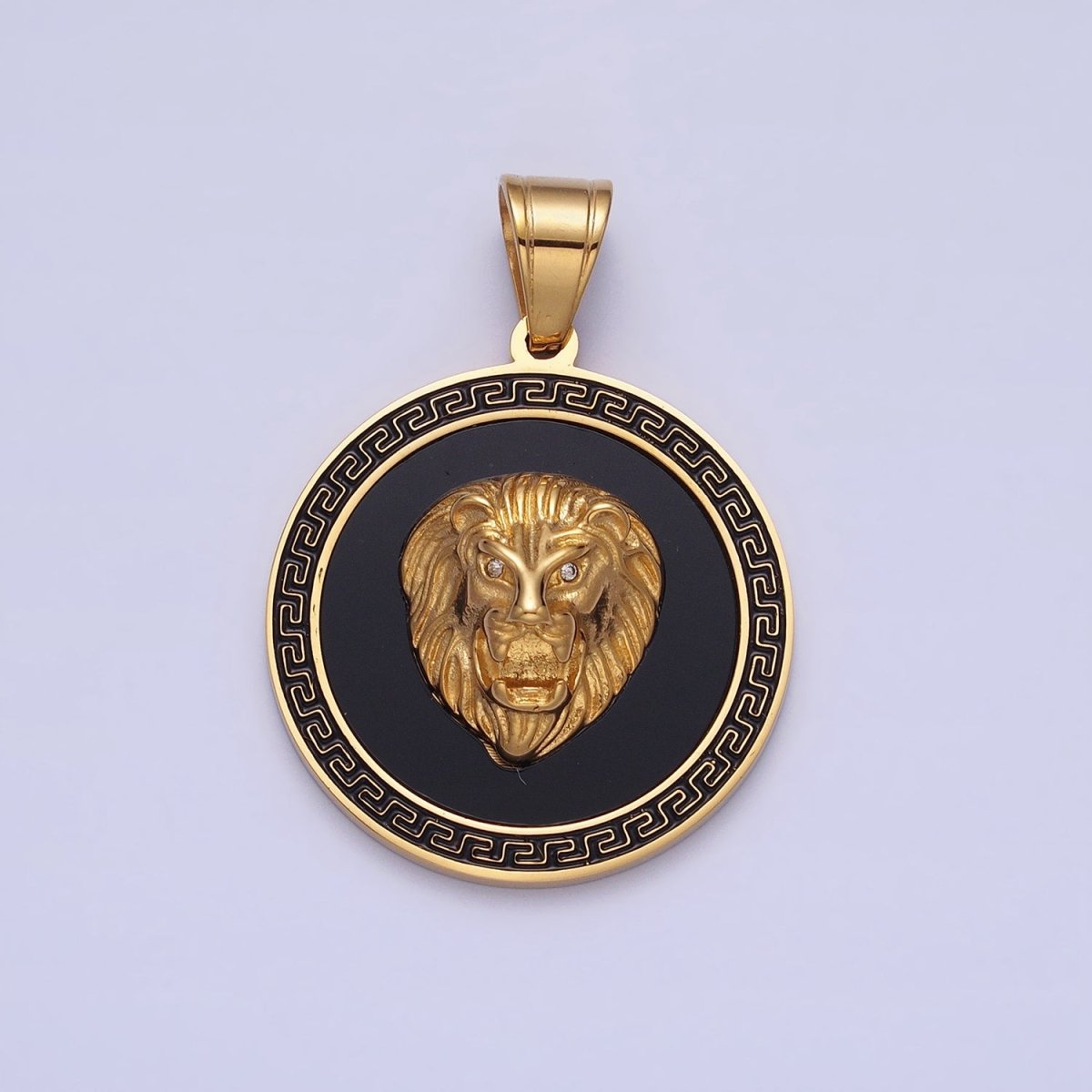 Stainless Steel Roaring Lion Animal CZ Black Gold Medallion Round Pendant J-784 - DLUXCA