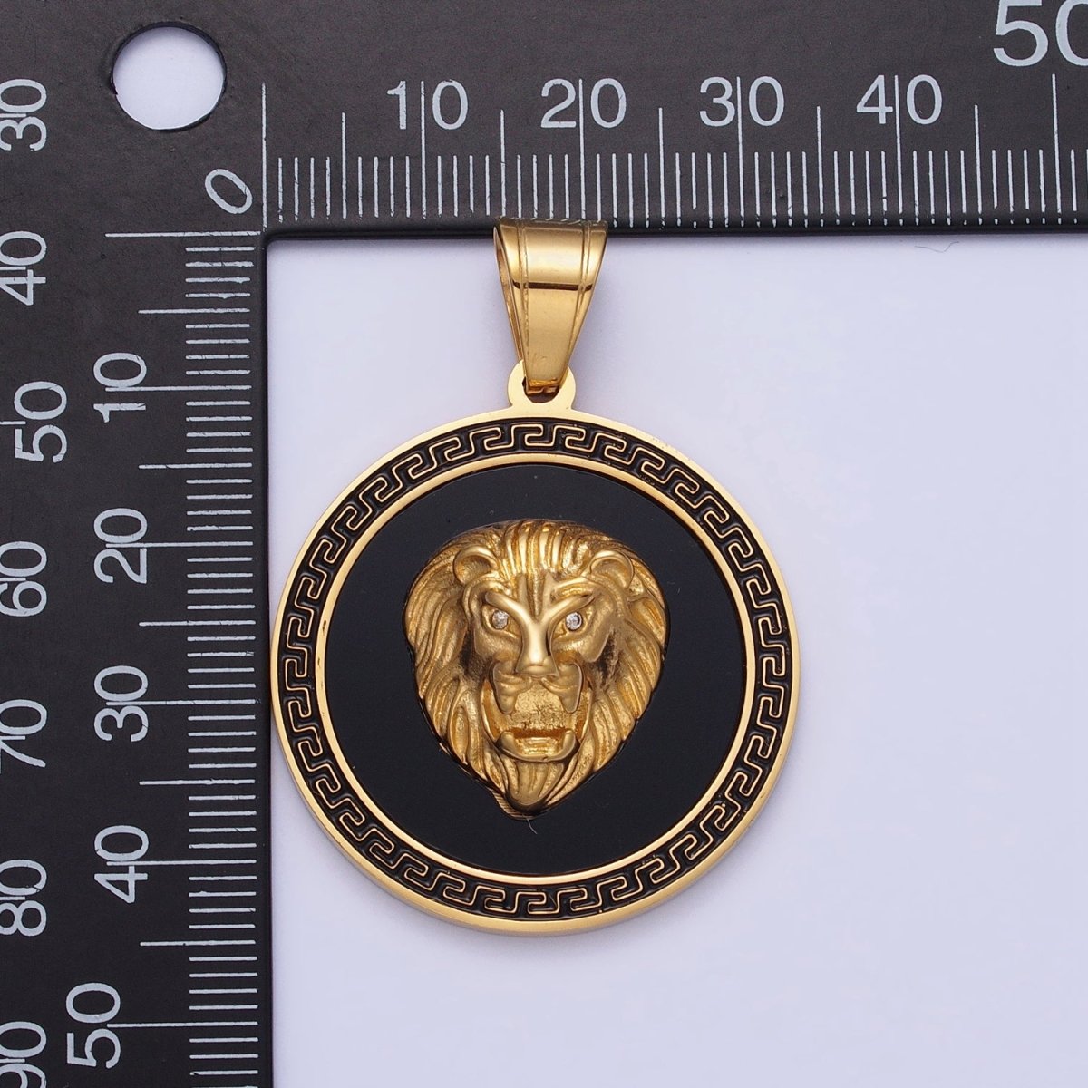 Stainless Steel Roaring Lion Animal CZ Black Gold Medallion Round Pendant J-784 - DLUXCA