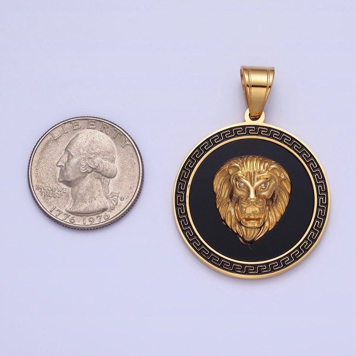 Stainless Steel Roaring Lion Animal CZ Black Gold Medallion Round Pendant J-784 - DLUXCA