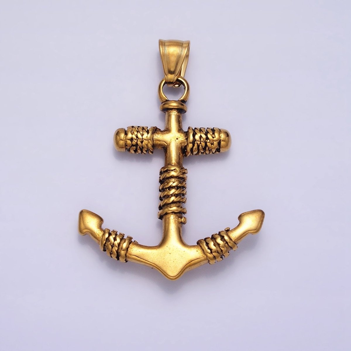 Stainless Steel Rope Tied Clear Round CZ Nautical Anchor Ship Pendant in Gold & Silver | P-1105 - DLUXCA