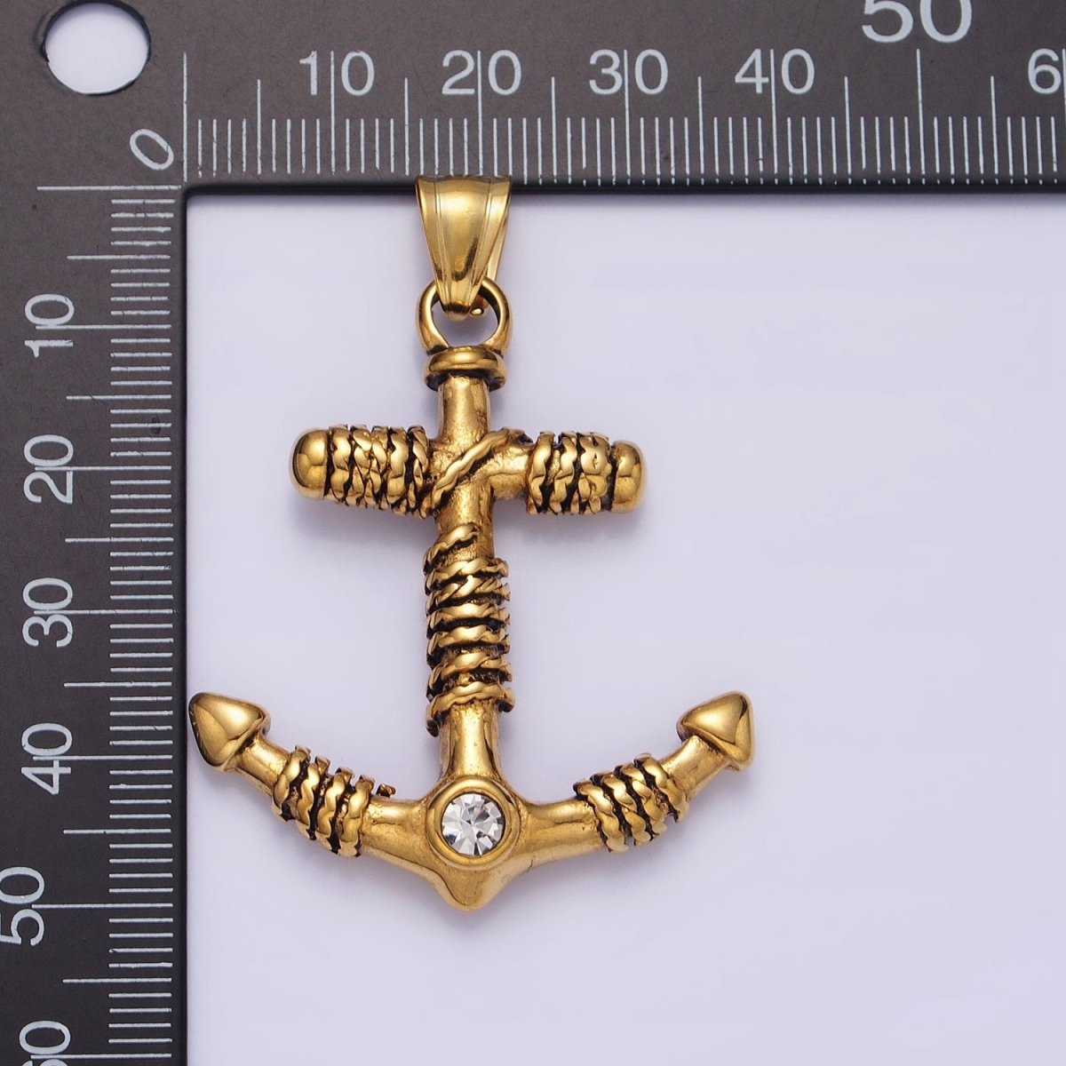 Stainless Steel Rope Tied Clear Round CZ Nautical Anchor Ship Pendant in Gold & Silver | P-1105 - DLUXCA