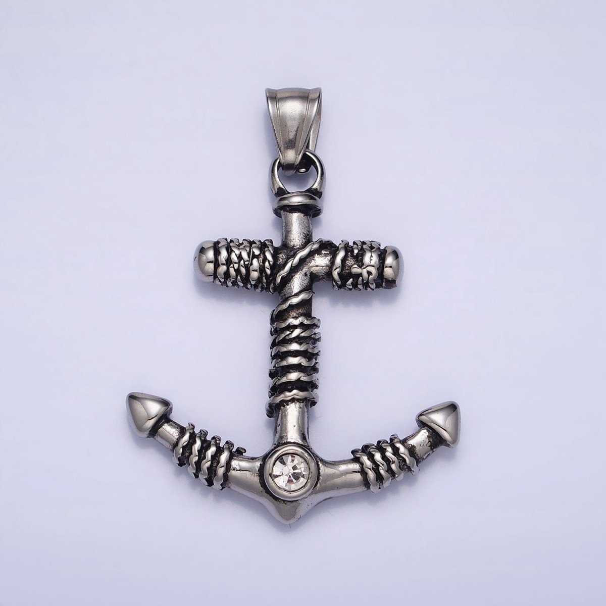 Stainless Steel Rope Tied Clear Round CZ Nautical Anchor Ship Pendant in Gold & Silver | P-1105 - DLUXCA