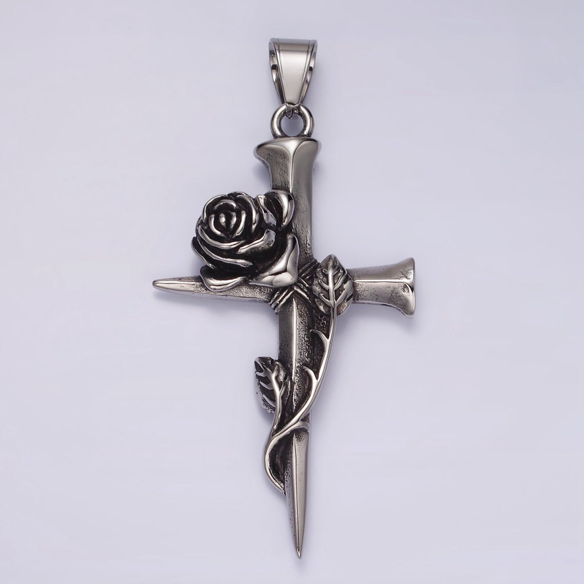 Stainless Steel Rose Flower Leaf Nail Religious Cross Pendant | P1176 - DLUXCA