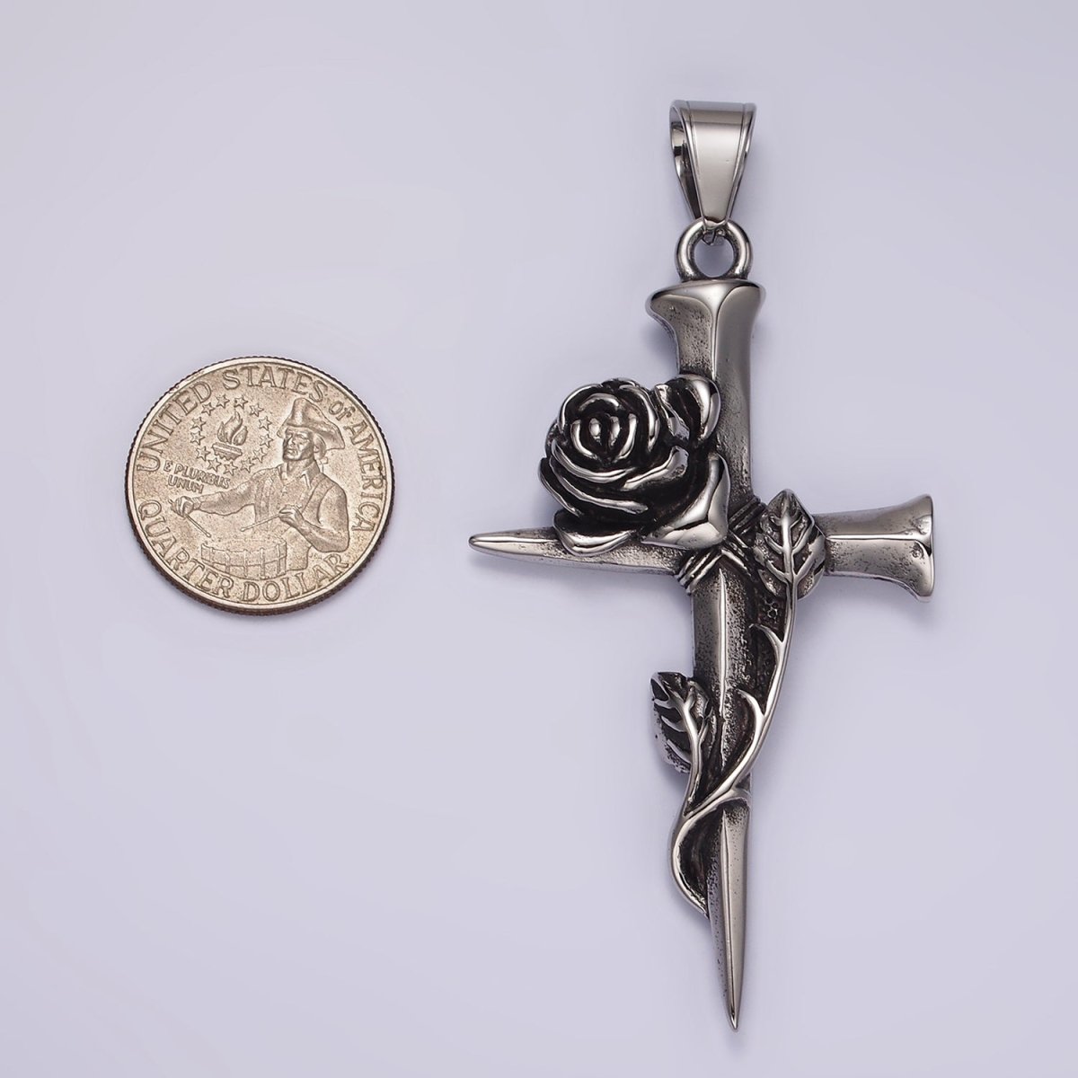 Stainless Steel Rose Flower Leaf Nail Religious Cross Pendant | P1176 - DLUXCA