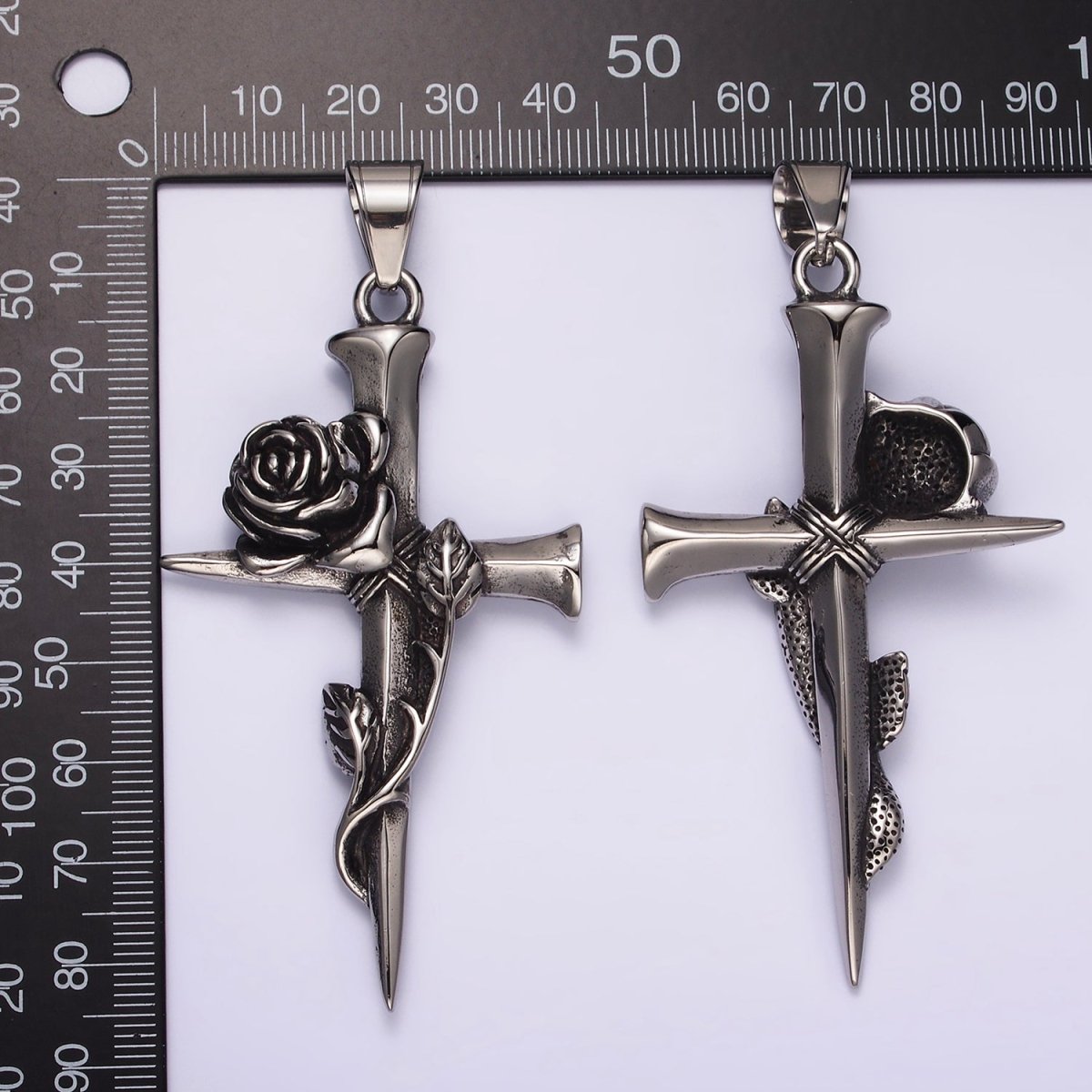 Stainless Steel Rose Flower Leaf Nail Religious Cross Pendant | P1176 - DLUXCA